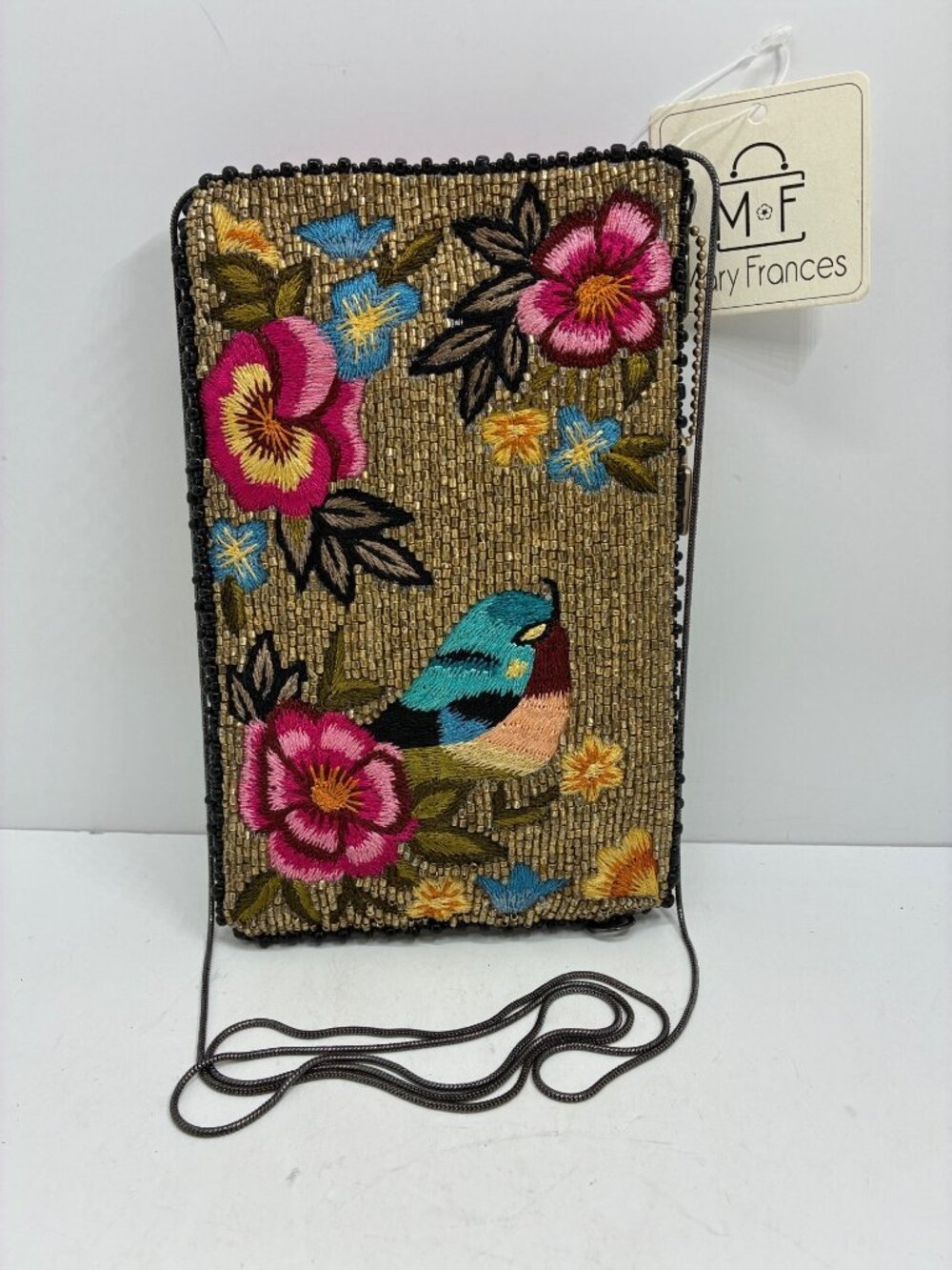 Mary Frances Rose Garden Beaded Crossbody Phone Handbag With Floral Bird Embroid